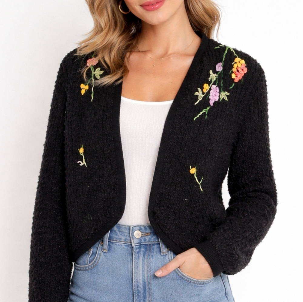 1950s Vintage Wool Cardigan Sweater Grandmacore Ribbon Flower Black Pullover #40